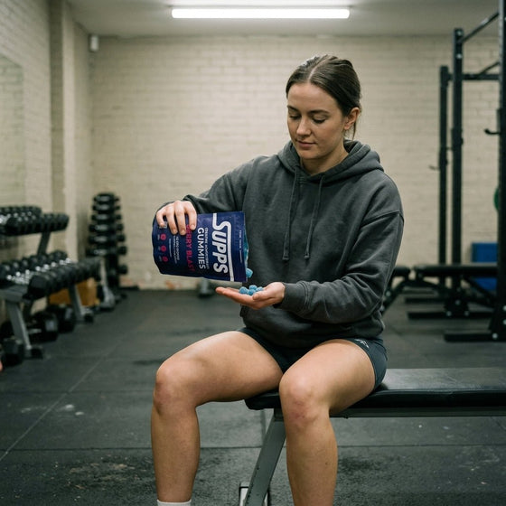 Woman sitting on a gym bench pouring Supps Berry Blast creatine gummies into her hand