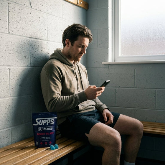 Man checking his phone on a gym changing-room bench, Supps Berry Blast creatine gummies pouch beside him with two gummies out
