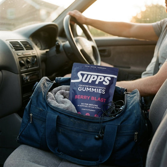 Supps Berry Blast creatine gummies pouch tucked into a gym bag on a car seat, driver holding the steering wheel