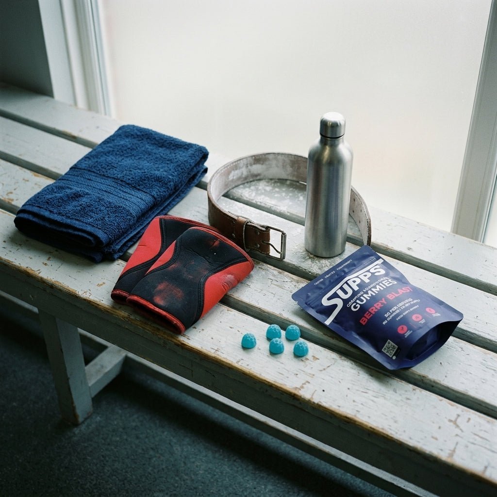 Supps Berry Blast creatine gummies pouch and loose gummies laid out on a changing-room bench with a towel, knee sleeves, weightlifting belt and water bottle