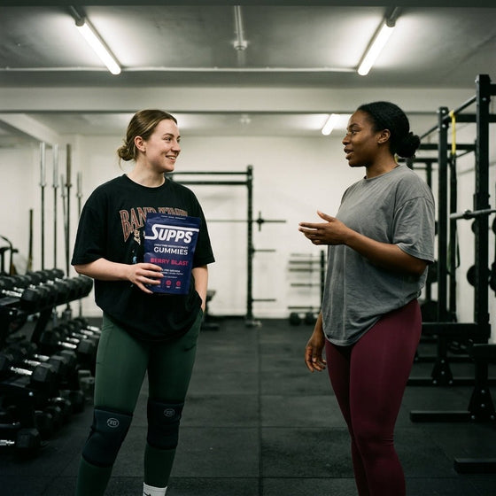 Two women talking in a gym, one holding a Supps Berry Blast creatine gummies pouch, weight racks in the background