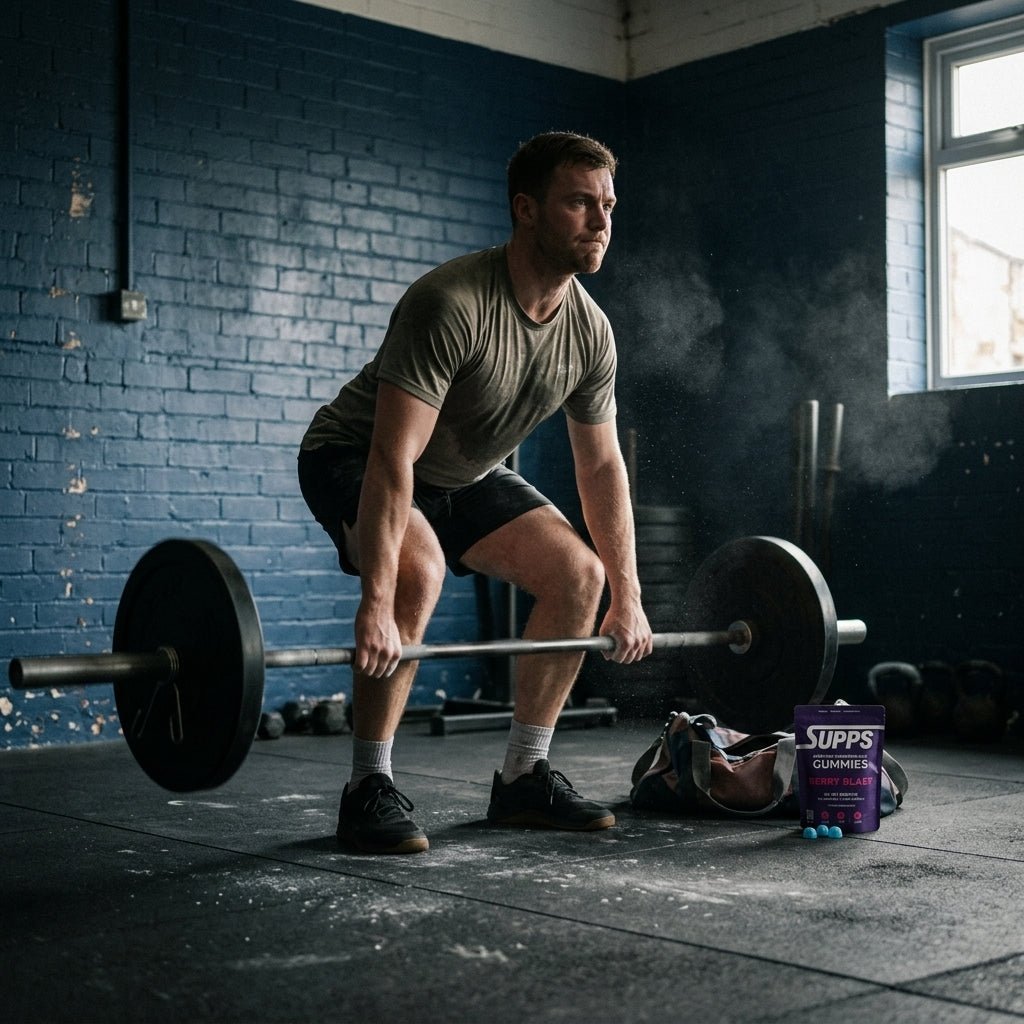 Man mid-deadlift in a home gym, Supps Berry Blast creatine gummies pouch and gummies resting beside his gym bag