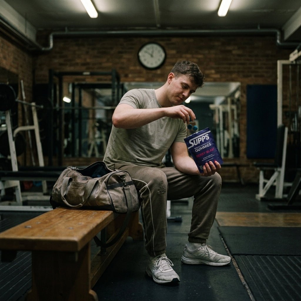 Man sitting on a gym bench taking a gummy from a Supps Berry Blast creatine gummies pouch, wall clock visible behind him