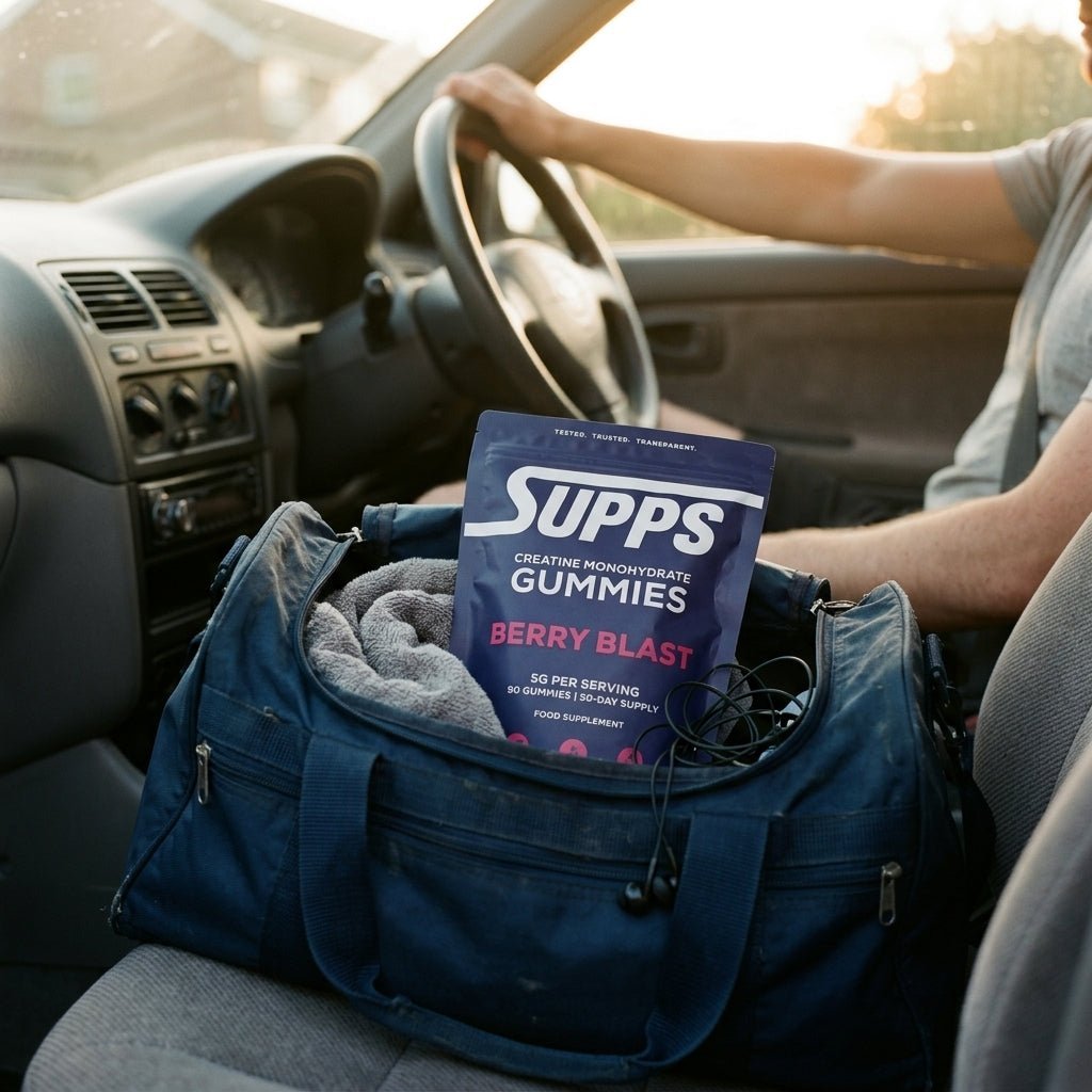 Supps Berry Blast creatine gummies pouch tucked into a gym bag on a car seat, driver holding the steering wheel